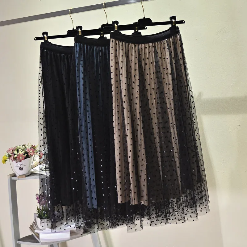 2019 Новое поступление в горошек тюль Сращивание Бархат плиссированная юбка
