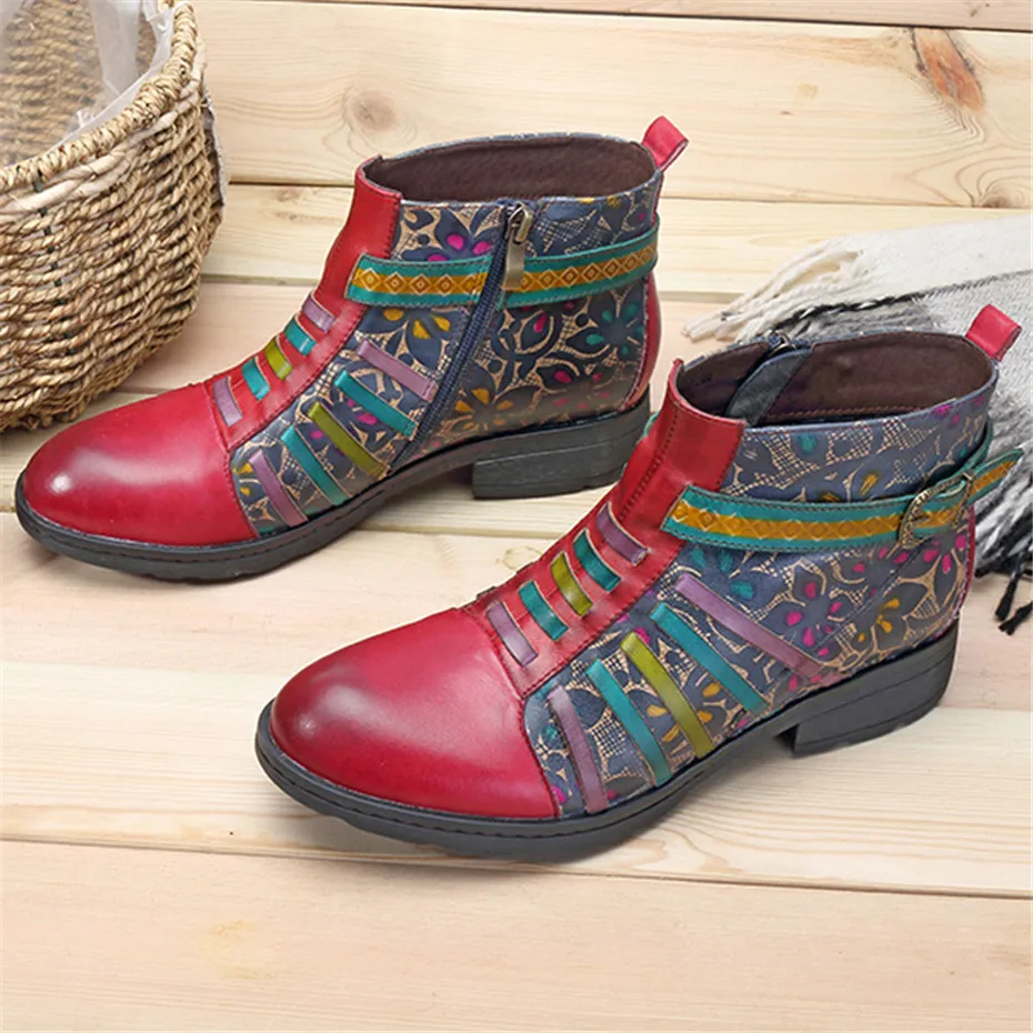 D Knight New Genuine Leather Ankle Chelsea Boots Women Shoes Vintage Bohemian Autumn Zip Printed Stripe Shoes Woman Botas Mujer