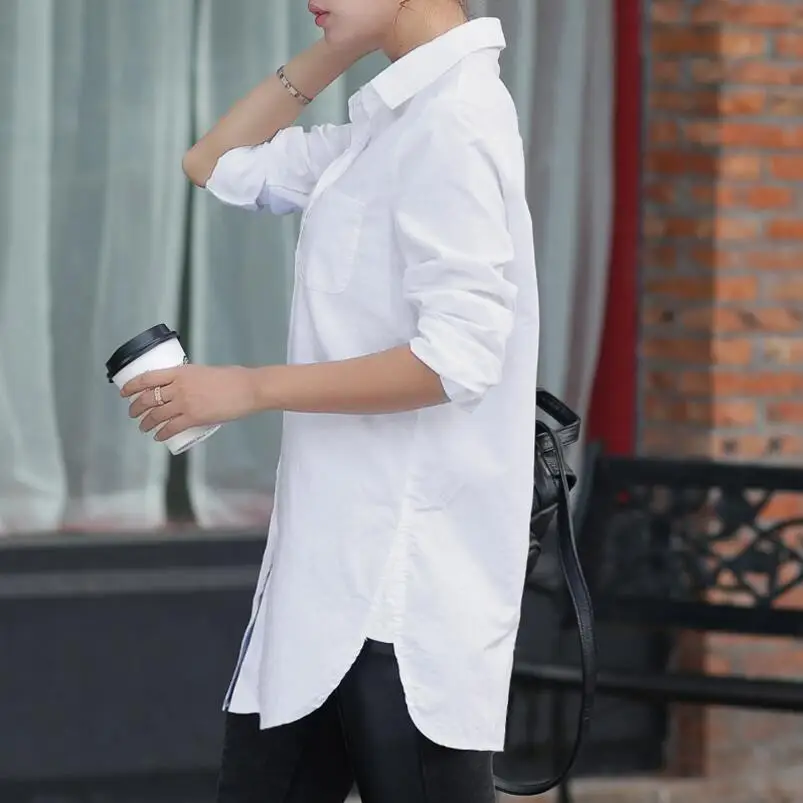 Women White Blouse  Female Boyfriend Style Long Sleeve Oversize Shirt Fashion Collar Cotton Tops Casual Loose Shirts