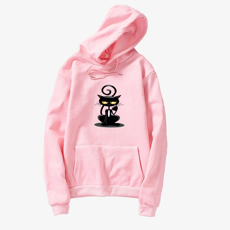 

Harajuku Kawaii Black Cat Pullover Tops Casual Long Sleeve Lovely Cartoon Print Hooded Fleece Loose Women Men Hoodies Sweatshirt
