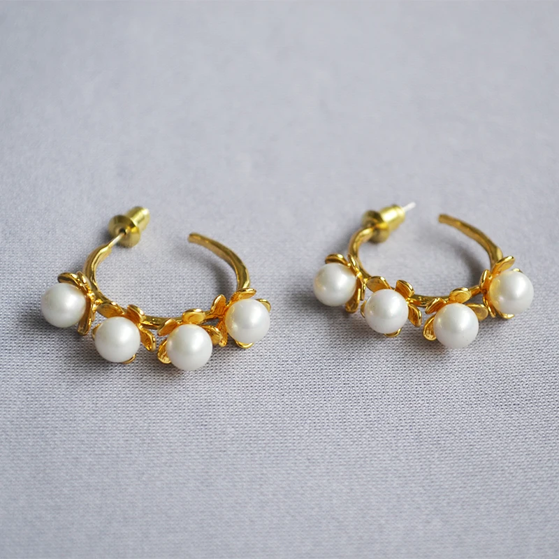 French crowd original gold bloom flowers inlaid Pearl goddess temperament fashion matching earrings | Украшения и аксессуары
