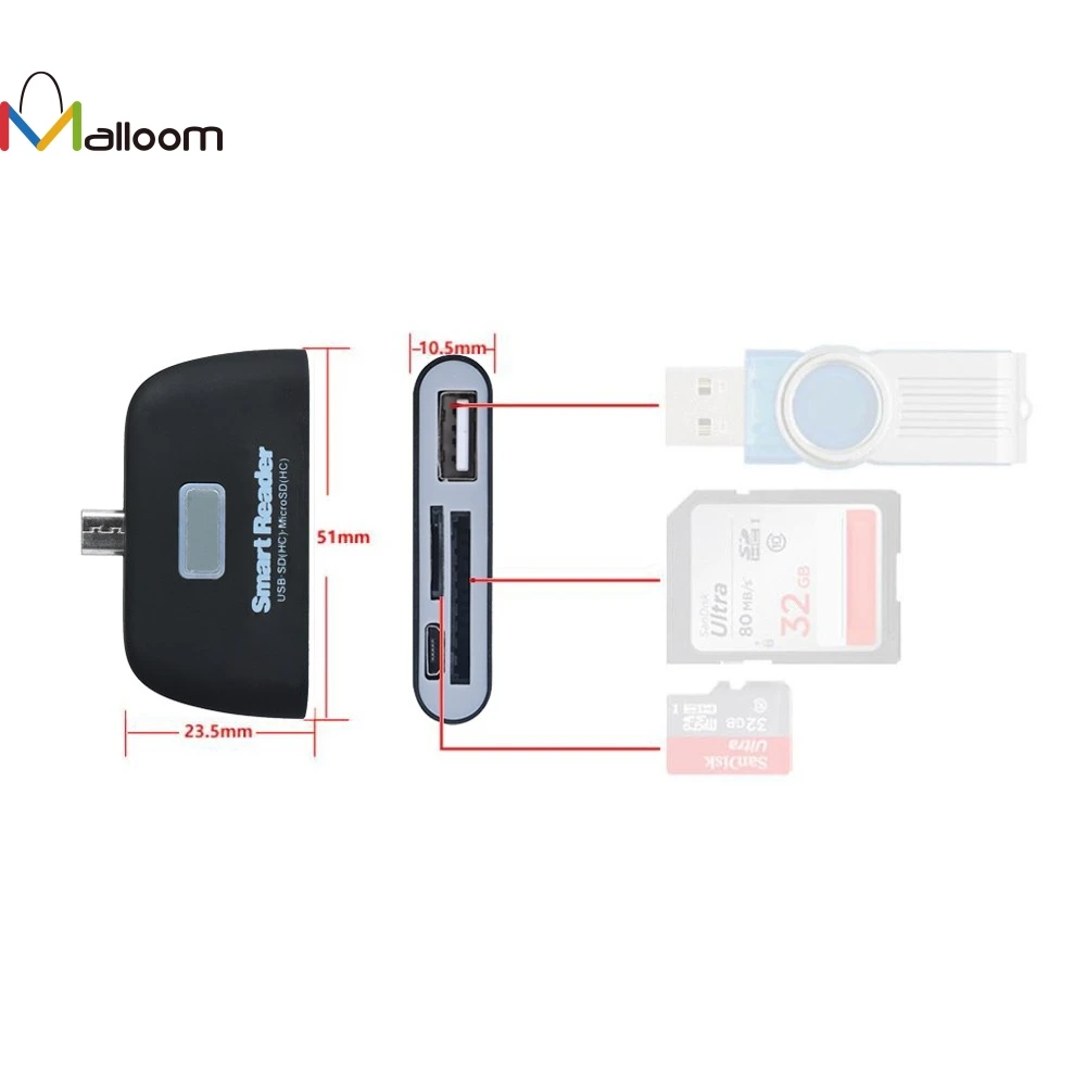 Malloom Micro USB 3 в 1 устройство чтения карт памяти адаптера для смартфонов USB/TF/SD для samsung Galaxy s7 защитой от перегрузки по току
