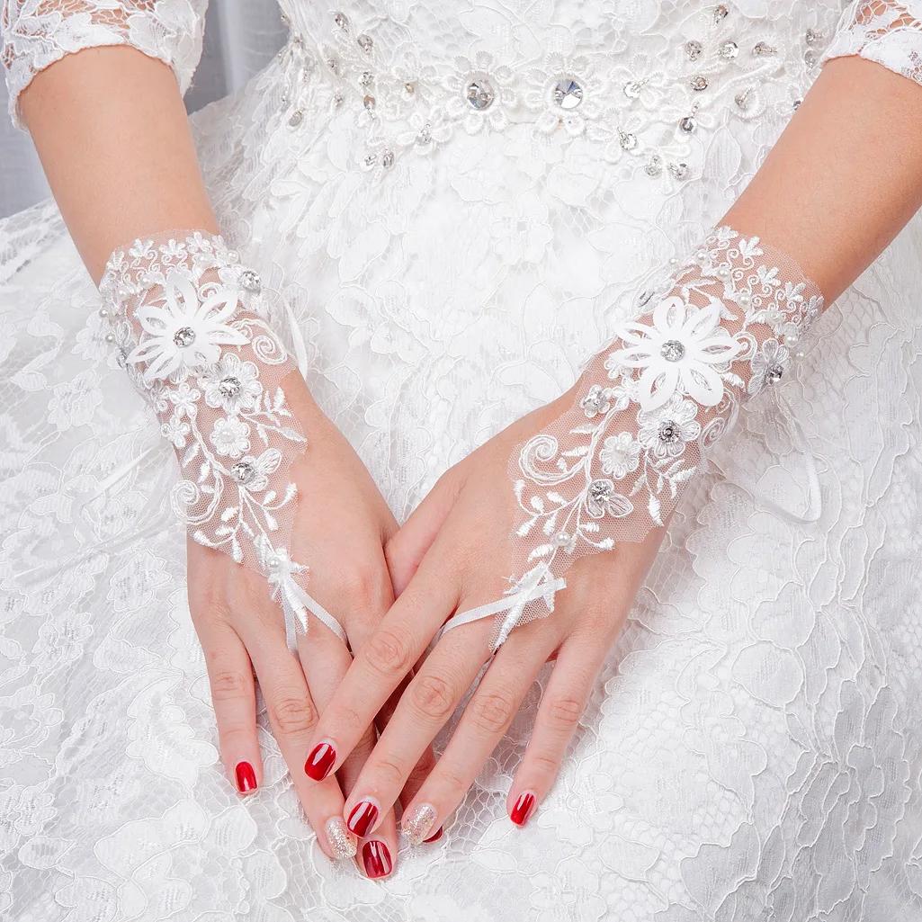 

New Bride Wedding Lace Gloves Diamond Beads Crystal Bridal Gloves Wedding Accessories Fingerless Wrist Length
