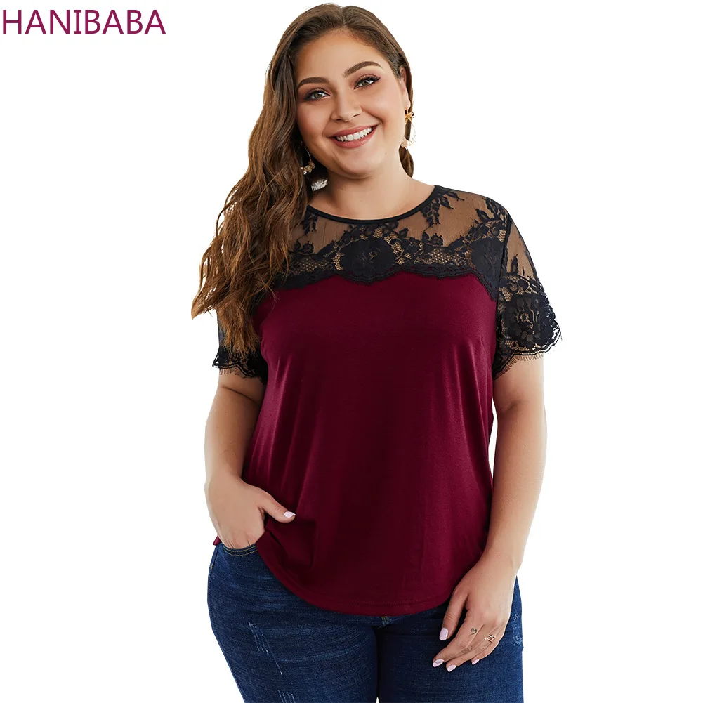 HANIBABA Новая модная футболка Черная ажурная печатная кружевная строчка