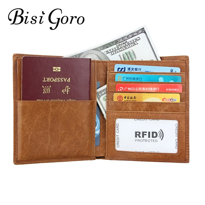 Bisi Goro 2019 RFID Мужская и женская коровья кожа ретро папка для паспорта