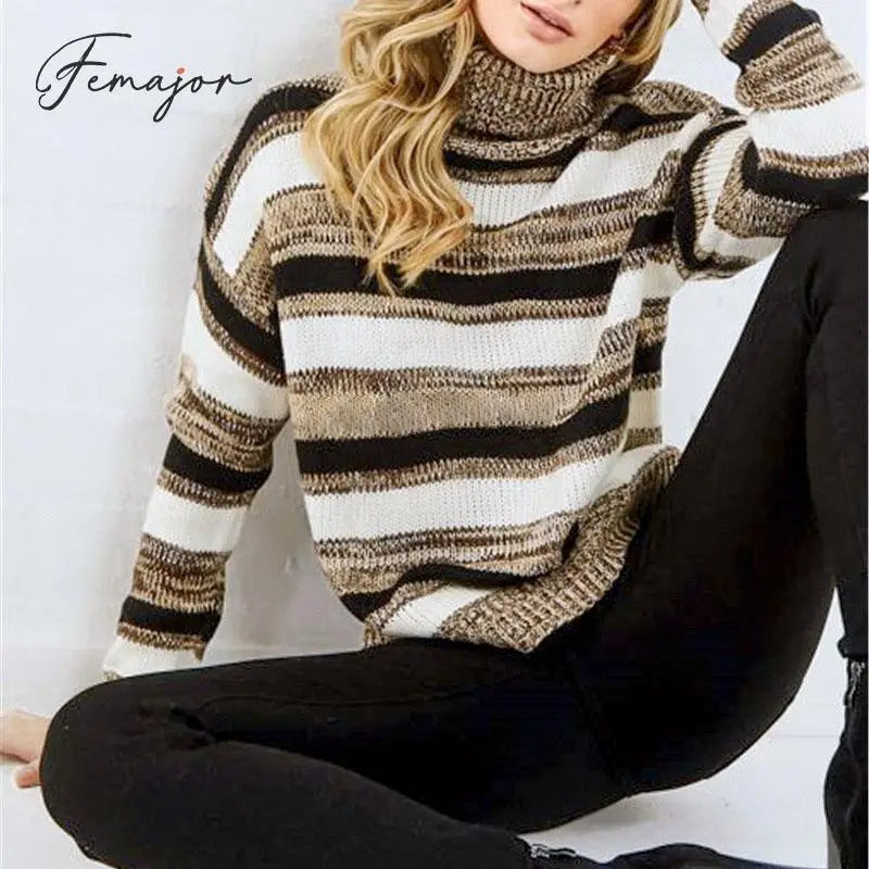 Femajor Women Autumn Winter Turtle Neck Sweater Female 2019 Fashion Stripe Knitted Tops Mujer Loose Long Sleeves Pullover Jumper | Женская