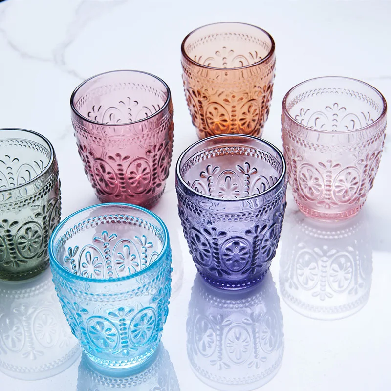 

New 2Pcs/Lot 300ML Multicolor Glass Cup Embossed Drinking Glasses Water Glass Cup Milk Juice Wine Tumblers for Party Bar