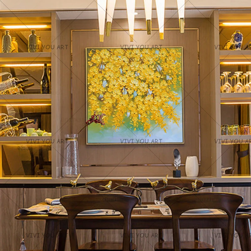 

100% Handmade High-quality Home Decor Yellow Knife Flower Oil Painting Canvas Art Artwork Living Room Decoration Wall Painting