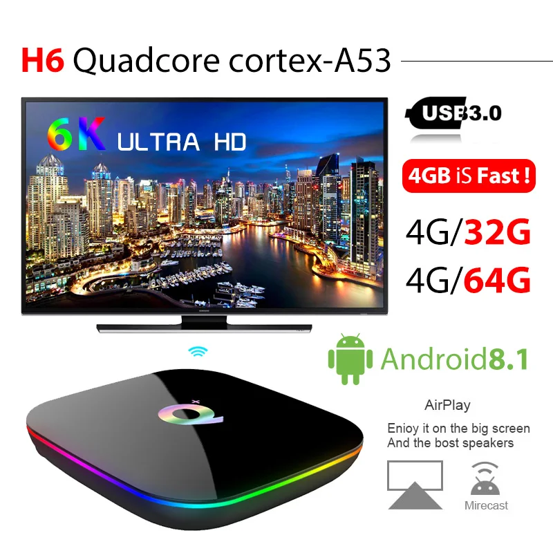 Q PLUS ТВ коробка 4G32G 4G64G H6 Quadcore Android 8 1 Wi Fi 2 4 г поддержка декодер формат Smart BOX