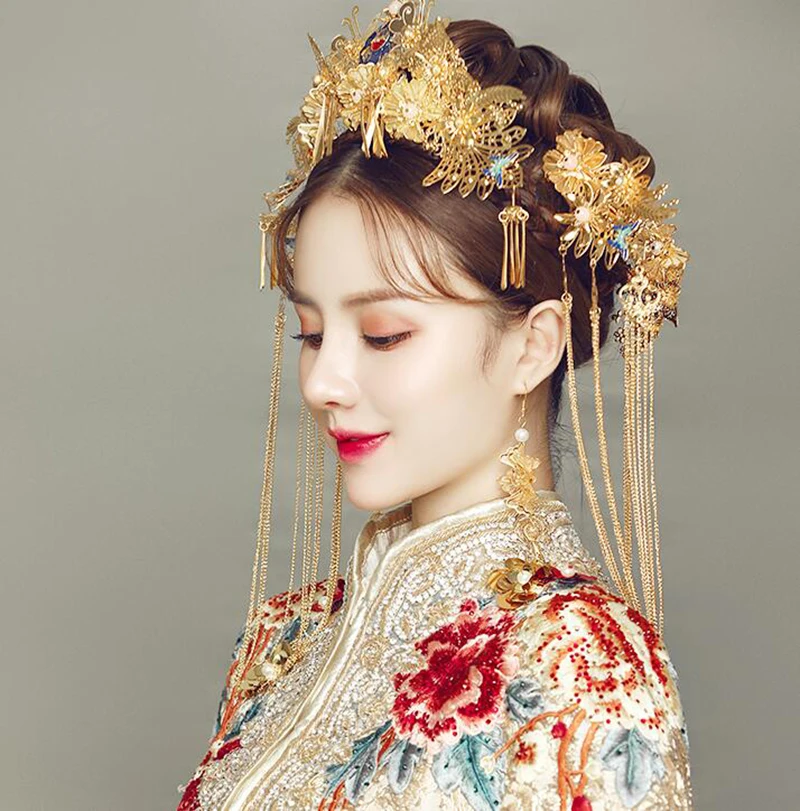 HIMSTORY Elegance Chinese Vintage Wedding Bridal Hair Accessory Traditional Gold Color Flower Bride Hair Combs Tiaras Hairwear