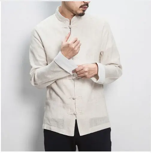 Рубашка мужская с вышивкой Повседневная сорочка из хлопка и льна длинными