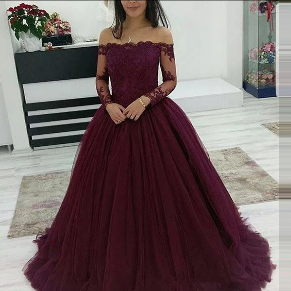 

2021 Elegantes Burgundy Long Sleeve Prom Dress Ball Gown Court Train Custom Made vestidos de fiesta de noche largos