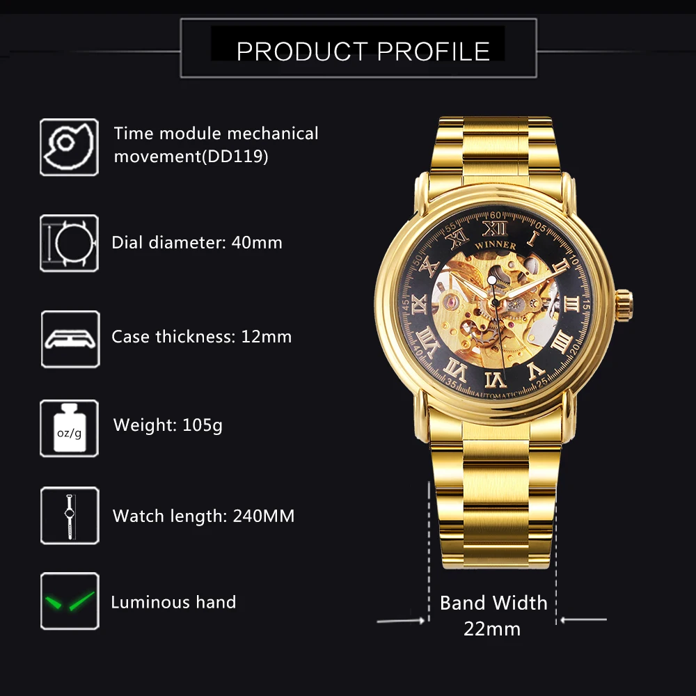 Часы скелетоны Мужские механические Автоматические на ремешке из нержавеющей