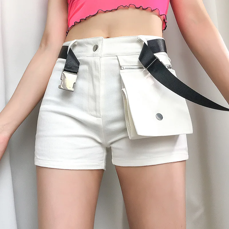 Уличная одежда женские белые шорты карго с карманами поясом высокой талией