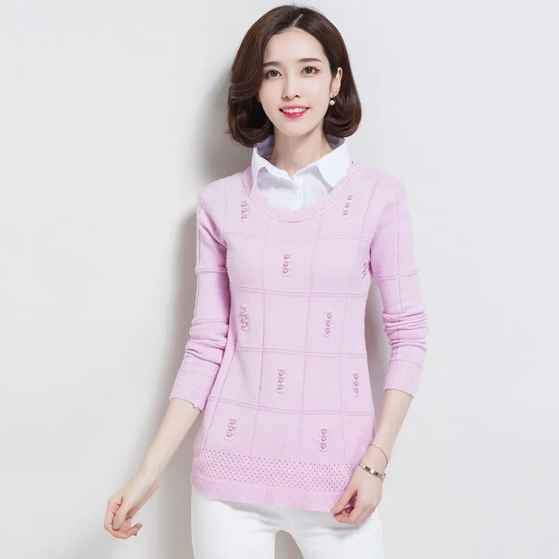 2019 Autumn New Shirt Sweater Women Long Sleeve Fashion Beading Knitted Sweaters And Pullovers Casual Female Jumper Tops R758 | Женская