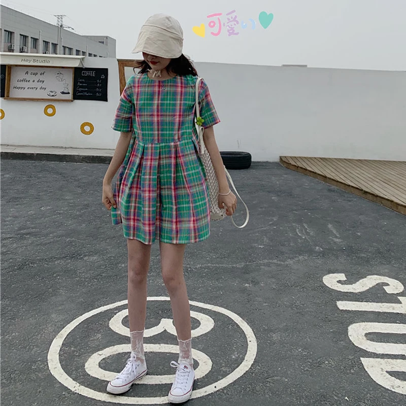 Летняя винтажная клетчатая высокая талия платье рубашка женские Kawaii милые