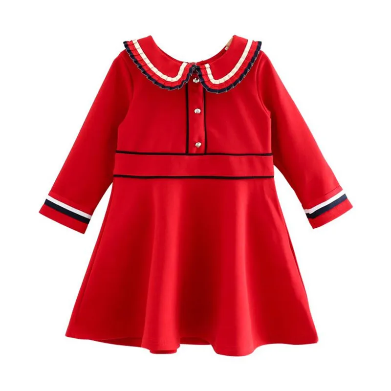

DFXD High Quality Toddler Girl Dress 2018 Autumn England Style Children Long Sleeve Turn Down Collar Red Princess Dress 2-8Year