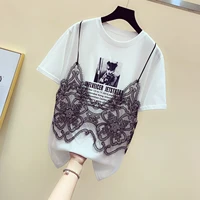 2021 summer new korean sling lace splicing letter short sleeved t shirt womens print loose fake twopiece shirts student tops