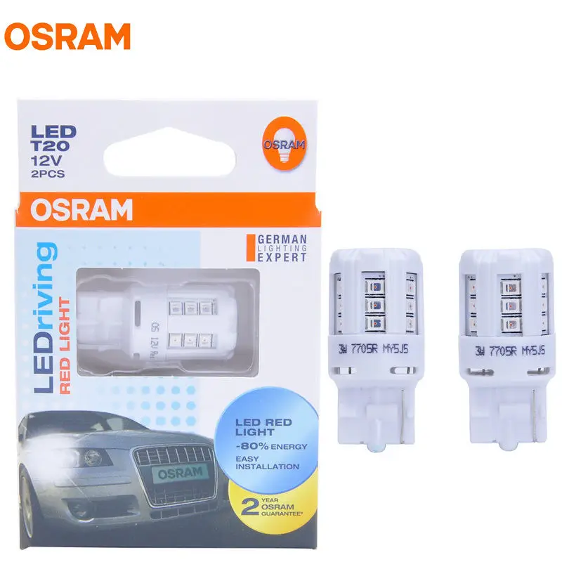 Светодиодный фонарь OSRAM T20 7705R, 12 В, 3 Вт, W21W, 7440, красный цвет, светодиодный, riving, стандартный автомобильный габаритный фонарь, указатель поворота, энергосберегающая пара 80%