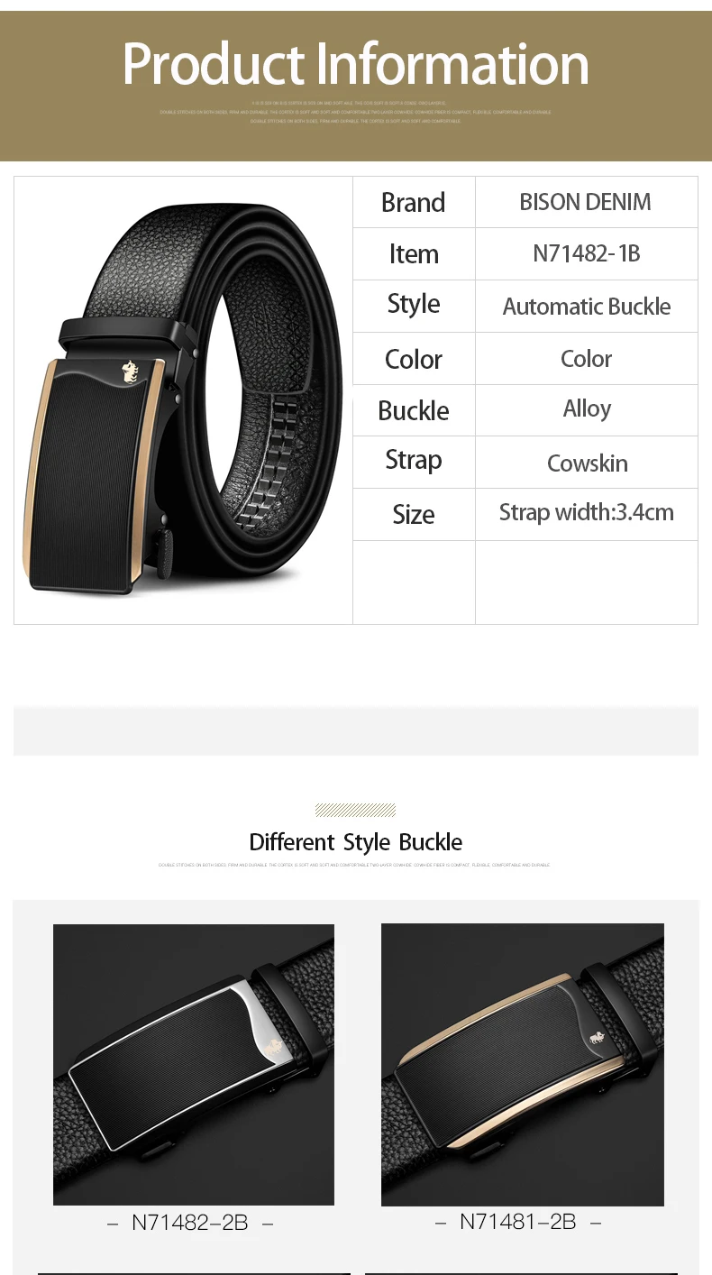 BISON DENIM Genuine Leather Men Belt Luxury Black Strap Automatic Buckle Belt for Male Original Natural Cowskin Belts N71482