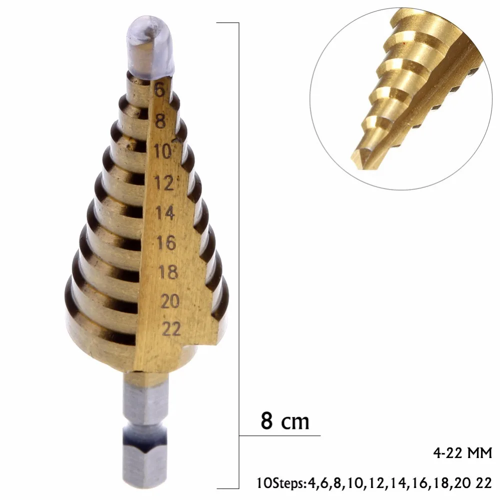 New Durable Hex Titanium Step Cone Drill Bit Hole HSS 4241 For Sheet Metal Hand Power Tools 4-22mm #72210 | Инструменты