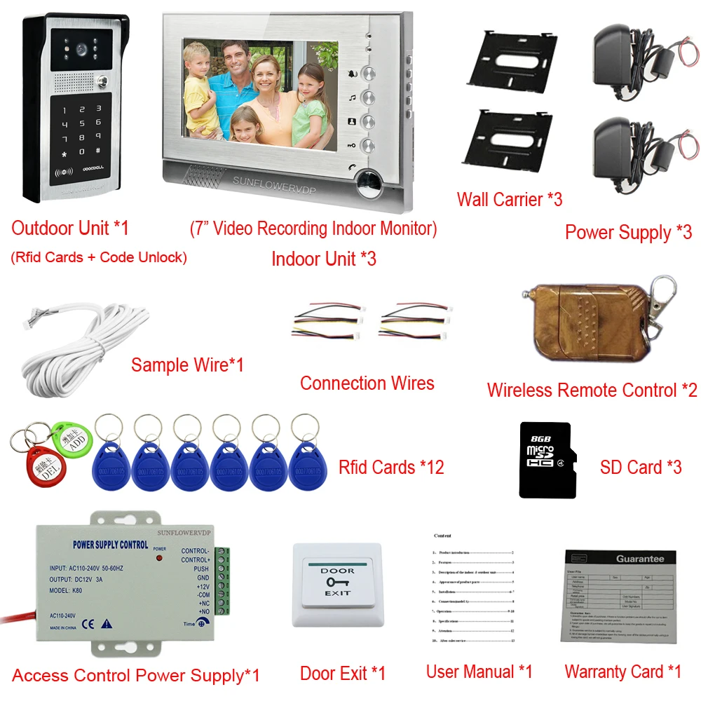 8GB SD Card Recording Door Intercom 3 Units 7