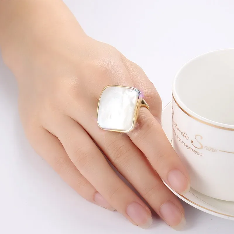 Elegant White Natural Shell Stone Rings For Women Gold-Color Trendy Stainless Steel Wedding Bands | Украшения и аксессуары
