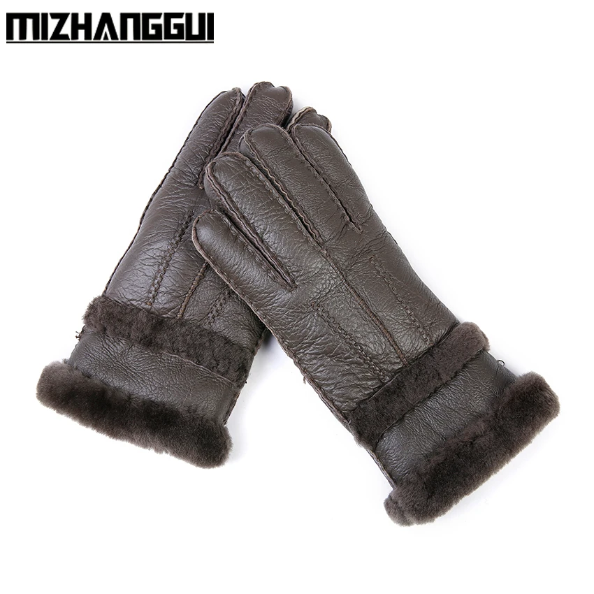 sheepskin men's winter gloves genuine leather warm double-faced sheep fur high quality | Аксессуары для одежды