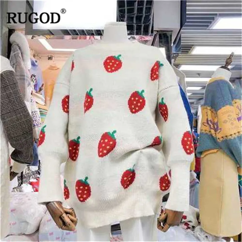 Женский вязаный свитер RUGOD Kawaii с принтом клубники элегантный Свободный пуловер