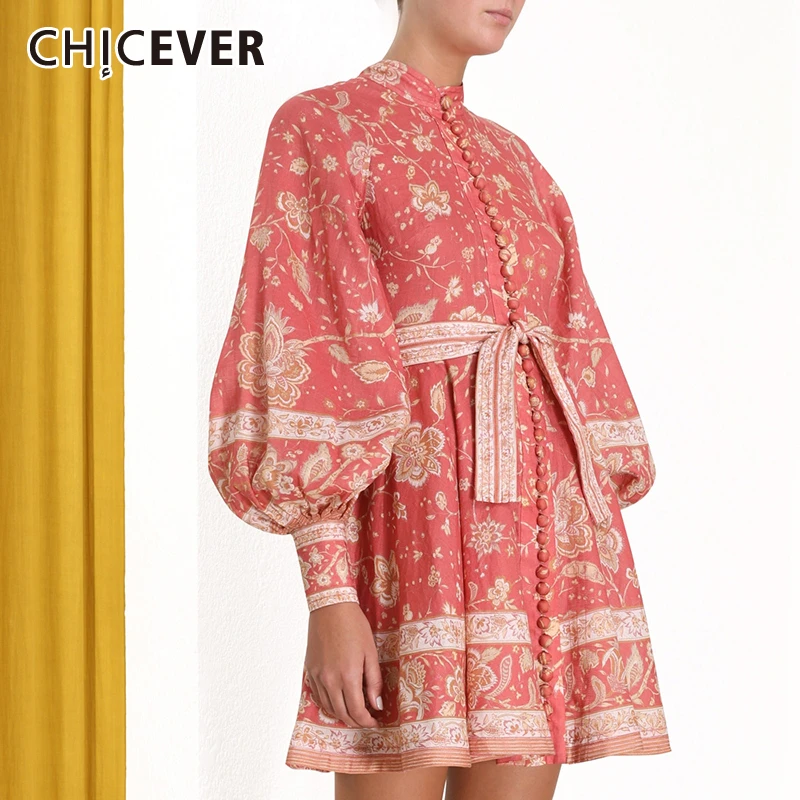 CHICEVER винтажные красные мини платья с цветочным принтом длинным рукавом и поясом