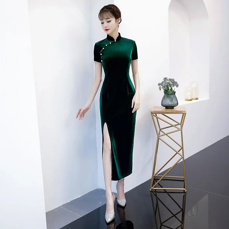 

sexy Spring Lady Long Cheongsam Novelty 2018 Chinese style Dress Womens Velour Qipao Slim Party Dresses Button Vestido S-XXL