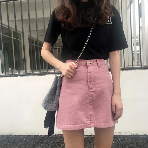 Розовый Harajuku модные Высокая Талия Для женщин юбка Chic сладкий Карамельный цвет студент джинсовая юбка трапециевидной формы ковбойские девушки мини-юбка - Цвет: Розовый
