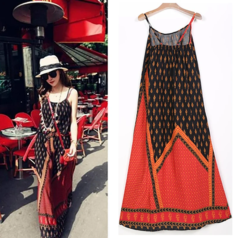 Длинное пляжное платье без рукавов в богемном стиле с цветочным принтом