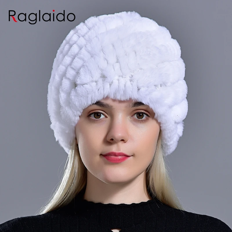 Raglaido русская зима Шапки для Для женщин с натуральным кроличьим Мех шапочки Новинка года женская вязаная натуральная меховая шапка LQ11234