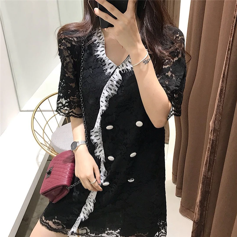 black lace mini dress Women's Clothing loose summer v-neck Female fashion perspective short dresses Vintage vetement femme new | Женская