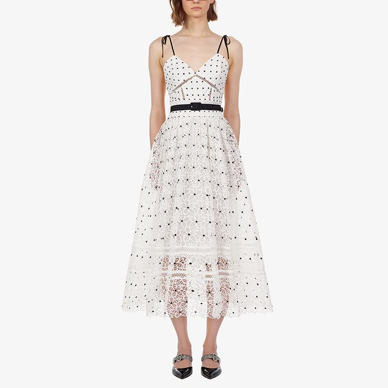 High Quality Self Portrait Dress 2019 Women Sexy V-neck Spaghetti Strap Pleated Long White Polka Dot Hollow Out Lace | Женская одежда