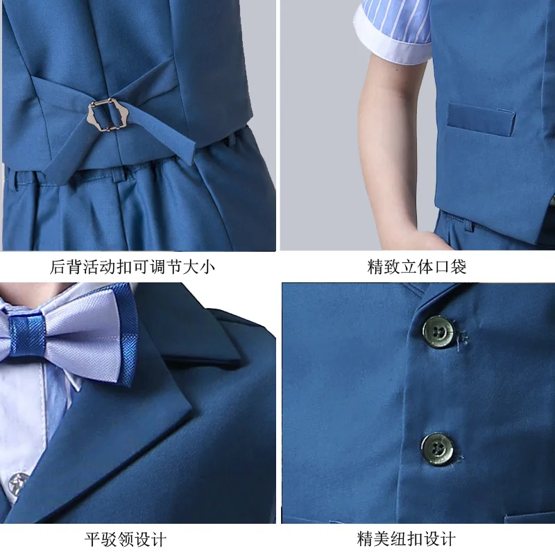 Flower Boys Fomal Wedding Dresses Set Kids Host Piano Performance Catwalk Costumes Children Striped Shirt Shorts Vest Clothes | Детская