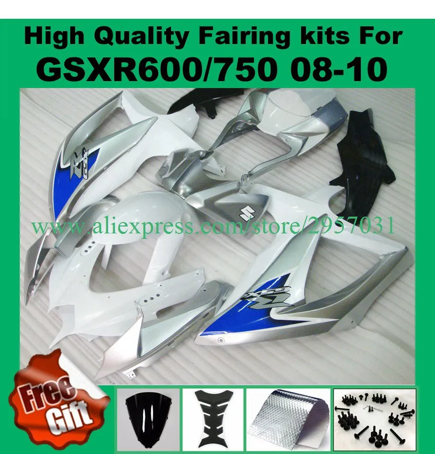 

Injection Fairing kit for K8 K9 GSXR600 GSXR750 2008 2009 2010 SUZUKI GSX-R600 GSX-R750 08 09 10 Fairings white silver black