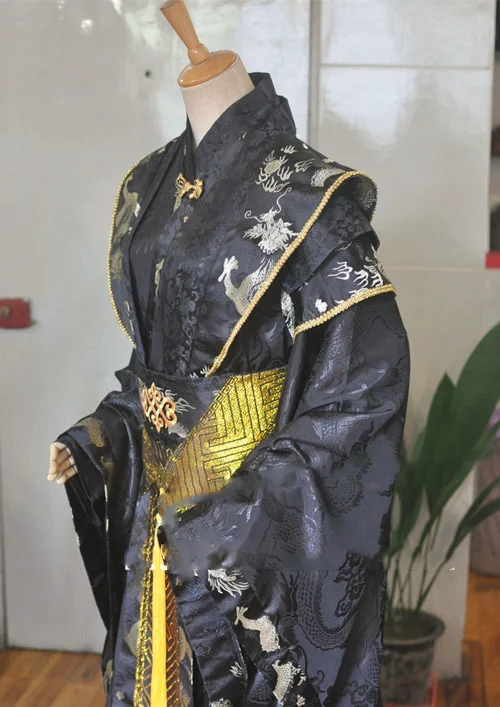 Черный золотой мужской костюм с хвостом для костюмированной вечеринки Hanfu
