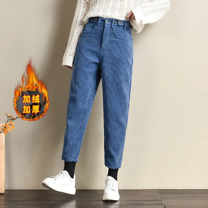 Женские вельветовые брюки плотные свободные карандаш с эластичным поясом теплые