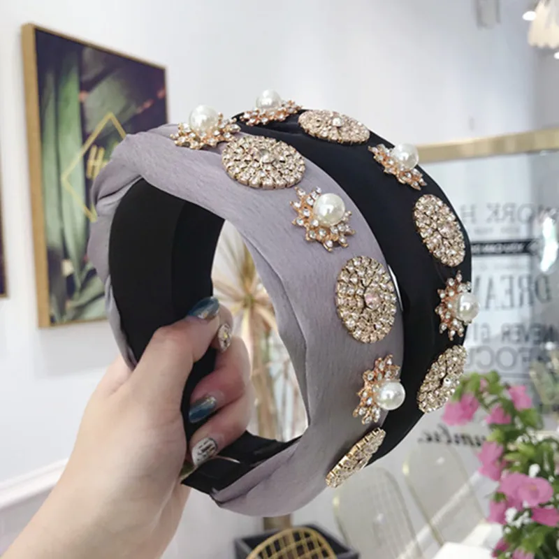 Корейский обруч для волос Schwarz Tuch Verknotet Kreuz Tie Breiten Stirnbander Fur Frauen Mode Schmuck имитация Perle Kristall Haar