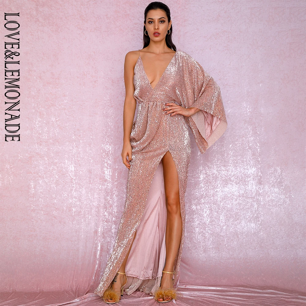 Женское платье макси LOVE & LEMONADE розовое золото с v образным вырезом одним рукавом