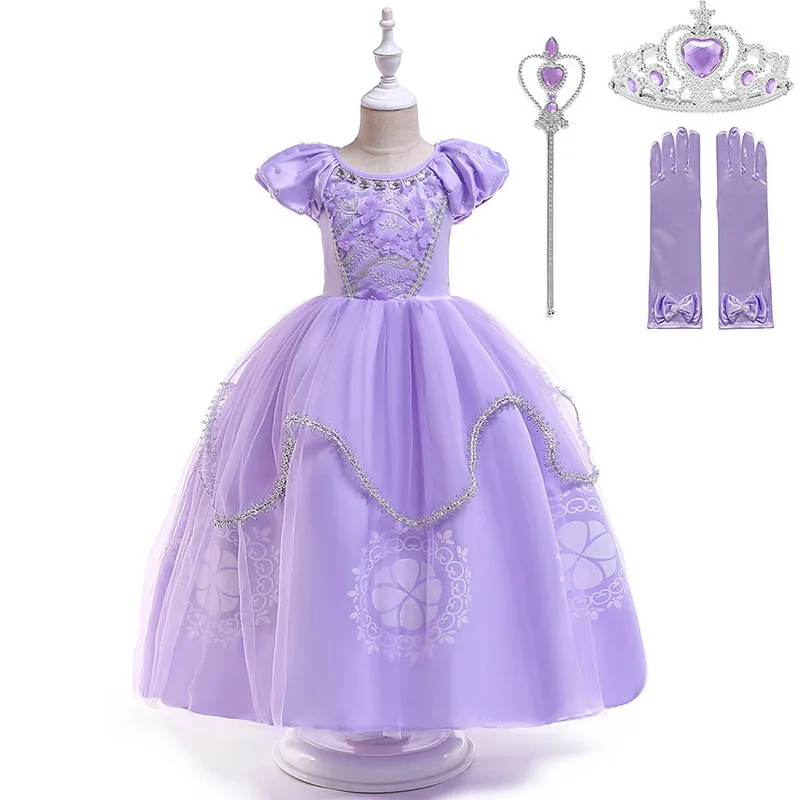 Dress Set-1 Элегантное платье принцессы Софии с цветочным узором для девочек на свадебную вечеринку; детская Карнавальная одежда для костюмированной вечеринки; Пышное Бальное Платье с короткими рукавами - Цвет: Dress Set-1