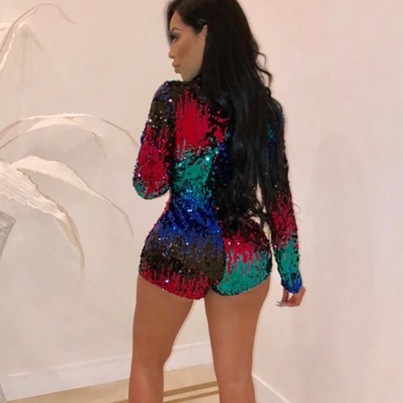 Градиент Блестки Для женщин Глубокий V Playsuit боди с длинными рукавами комбинезоны осень Для женщин пикантная обувь для ночного клуба Комбинезоны Комбинезон