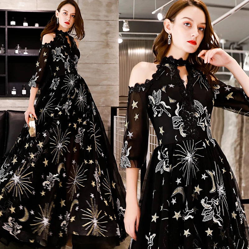 SSYFashion новое черное вечернее платье с лямкой на шее, рукав до локтя, длина до пола, блестящее платье для выпускного вечера, на заказ, вечерние платья