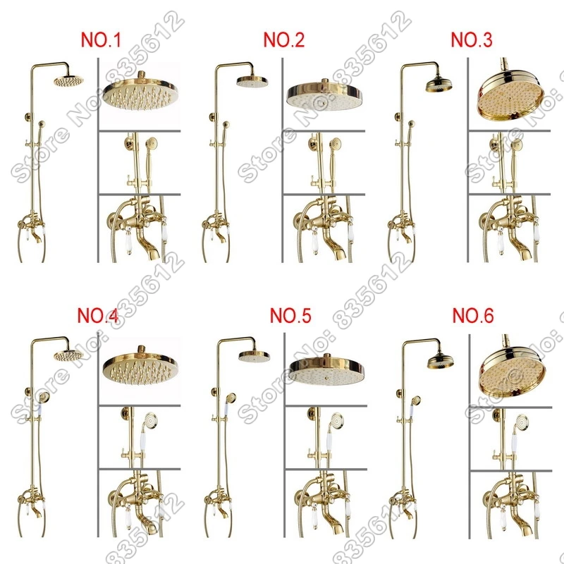 

Golden Brass Bathroom Round Rain Shower Faucet Sets Wall Mount Dual Ceramic Handle Bathtub Mixer Taps + Hand Shower Spray Jgf003