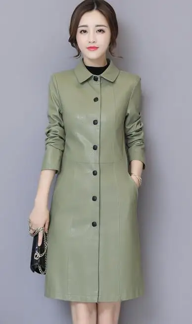 green yellow Женский Тренч из натуральной кожи, осень, зимний женский плащ из овчины, кожаная верхняя одежда, корейский стиль - Цвет: green yellow