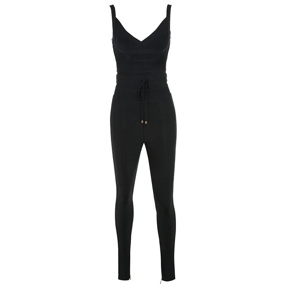 Slim Spaghetti Strap Lace Up Bandage Legging V Neck Zipper Embellished Cold Shoulder Sleeveless Long Leg Skinny Jumpsuit | Женская