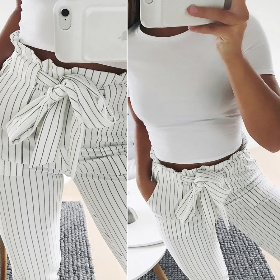 Новинка 2018 повседневные женские брюки модные дикие в полоску с завязкой на