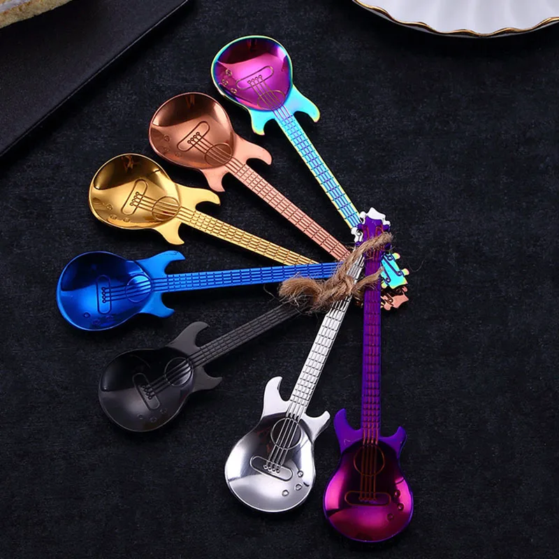 Радужная цветная кофейная ложка в форме гитары из нержавеющей стали посуда